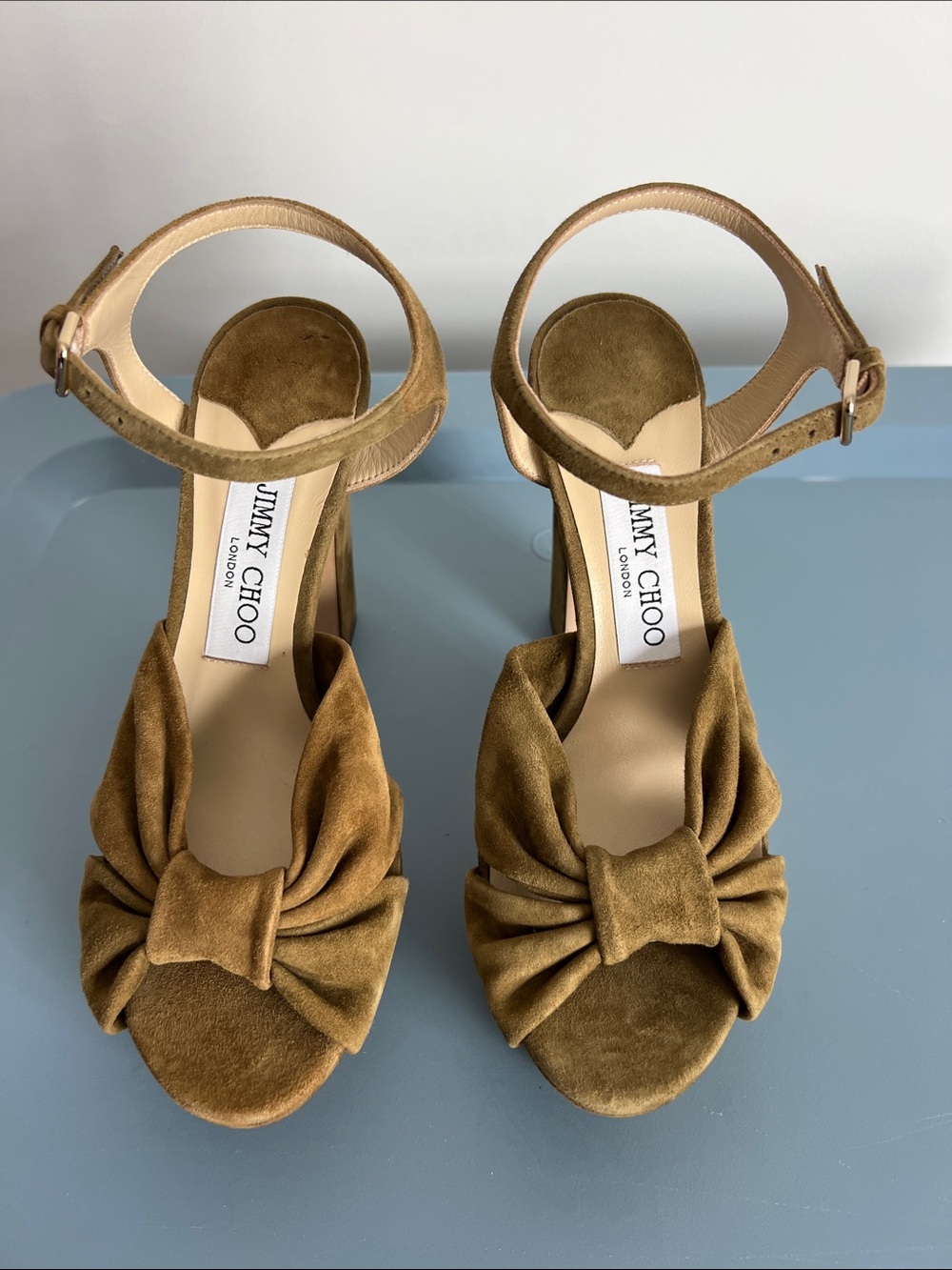 Jimmy Choo heloise 120 muted green suede knot open toe block heels sandals 37 - Picture 4 of 12